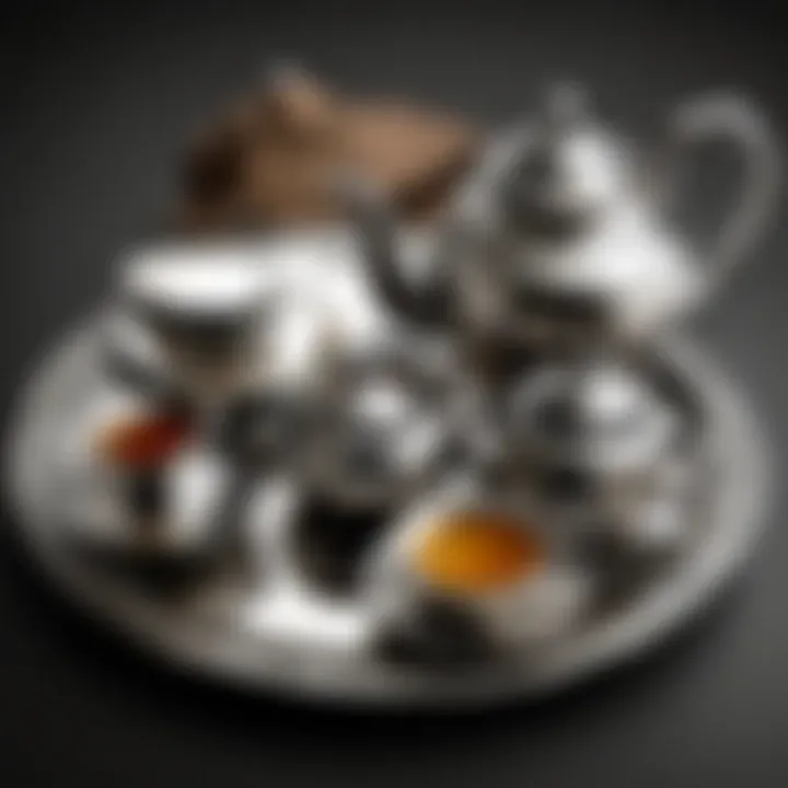 Intricately designed silver plate tea set on a luxurious tray