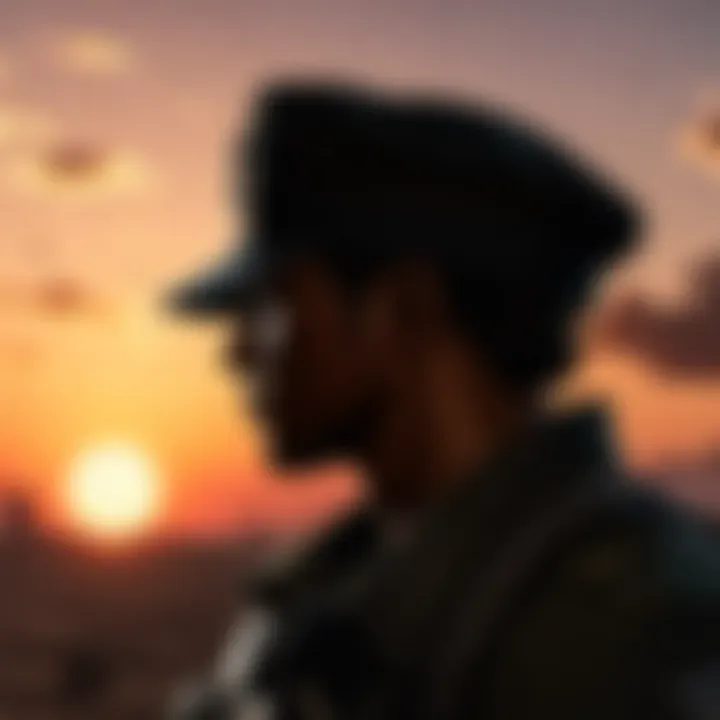 Black Military Cap in Cinematic Sunset Silhouette