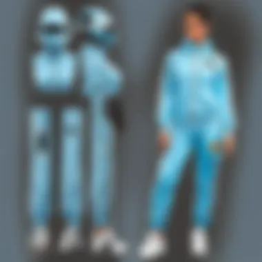 Minimalist flat lay of light blue tracksuit with fashion accessories