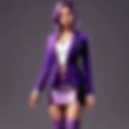 Chic and sophisticated woman wearing a purple mini skirt, styled with a bold blazer