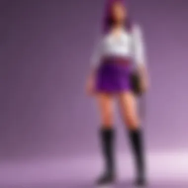 Unique styling of a purple mini skirt with a statement belt and ankle boots