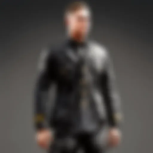 Elegantly tailored black military jacket on mannequin