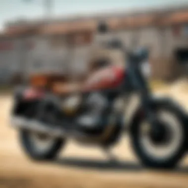 Side view of a vintage side seat motorcycle on a scenic road