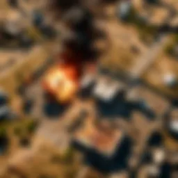 Aerial view of a chaotic PUBG battleground