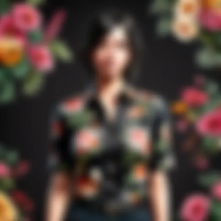 Close-up of intricate dark floral shirt pattern